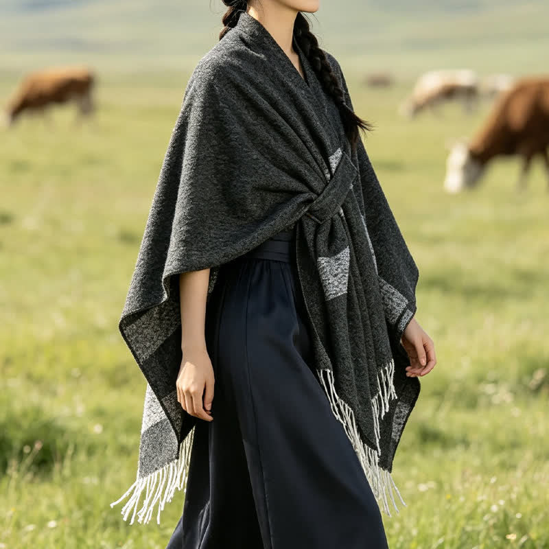 Buddha Stones Fall Winter Boho Striped Tassel Buckle Design Cozy Shawl - image 7