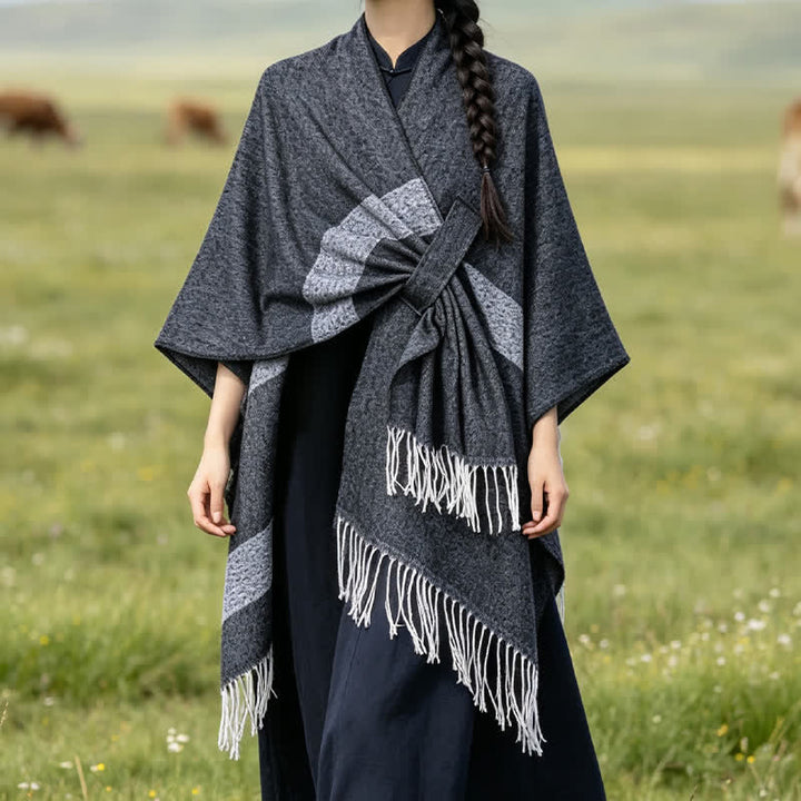 Buddha Stones Fall Winter Boho Striped Tassel Buckle Design Cozy Shawl - image 14