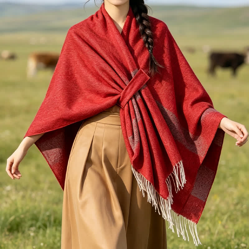 Buddha Stones Fall Winter Boho Striped Tassel Buckle Design Cozy Shawl - Crimson - 130x150cm - image 23