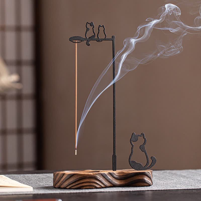 Buddha Stones Wooden Cat Silhouette Meditation Incense Burner - image 1