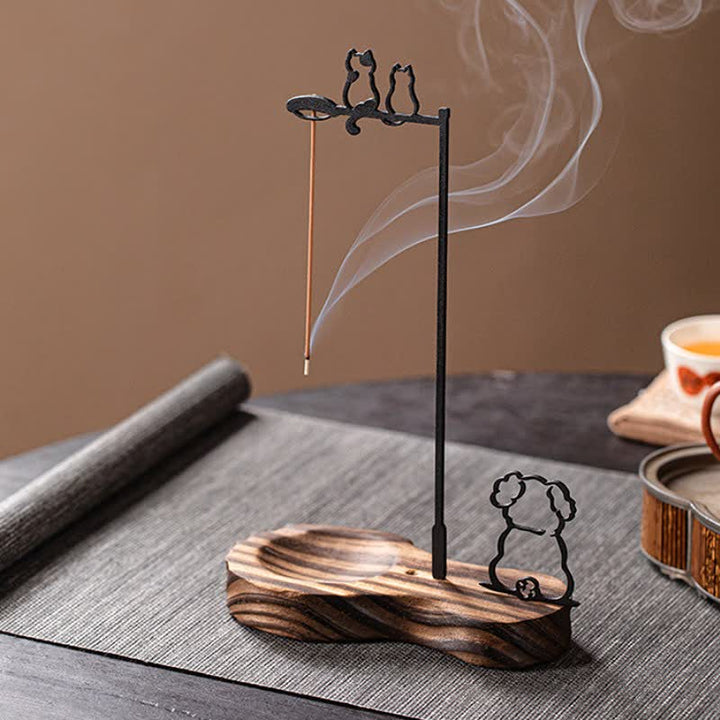 Buddha Stones Wooden Cat Silhouette Meditation Incense Burner - image 3