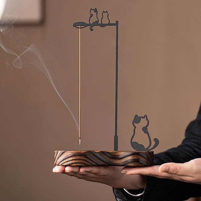 Buddha Stones Wooden Cat Silhouette Meditation Incense Burner - image 2