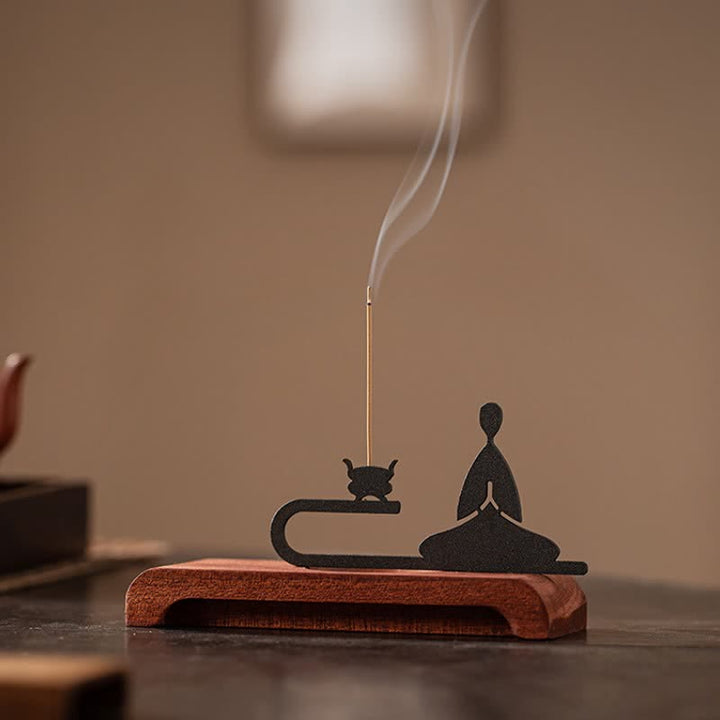 Buddha Stones Zen Monk Natural Wood and Iron Meditation Incense Burner - image 4