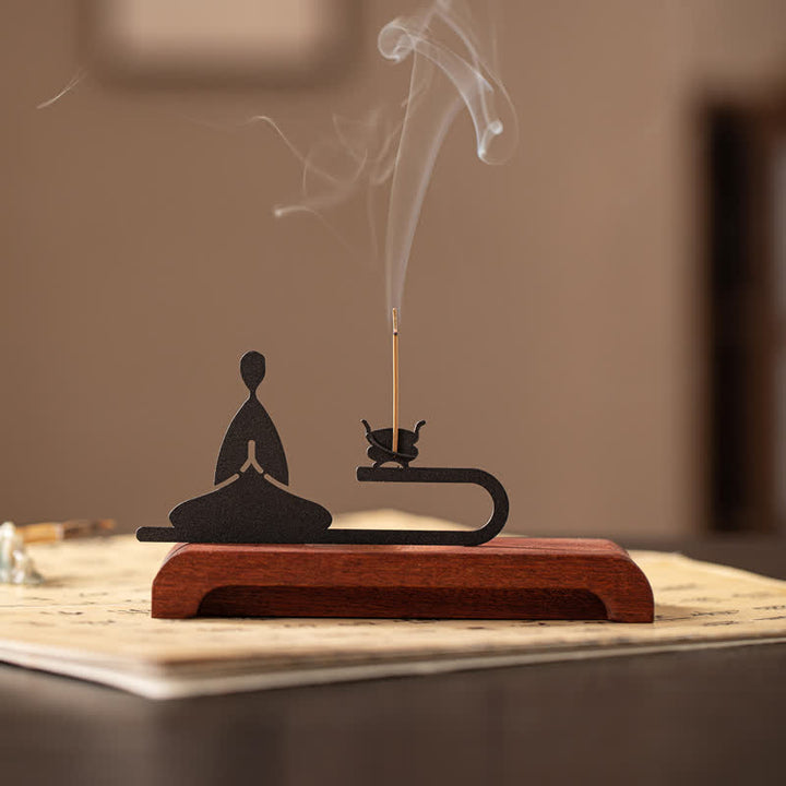Buddha Stones Zen Monk Natural Wood and Iron Meditation Incense Burner - Meditating Monk - image 0