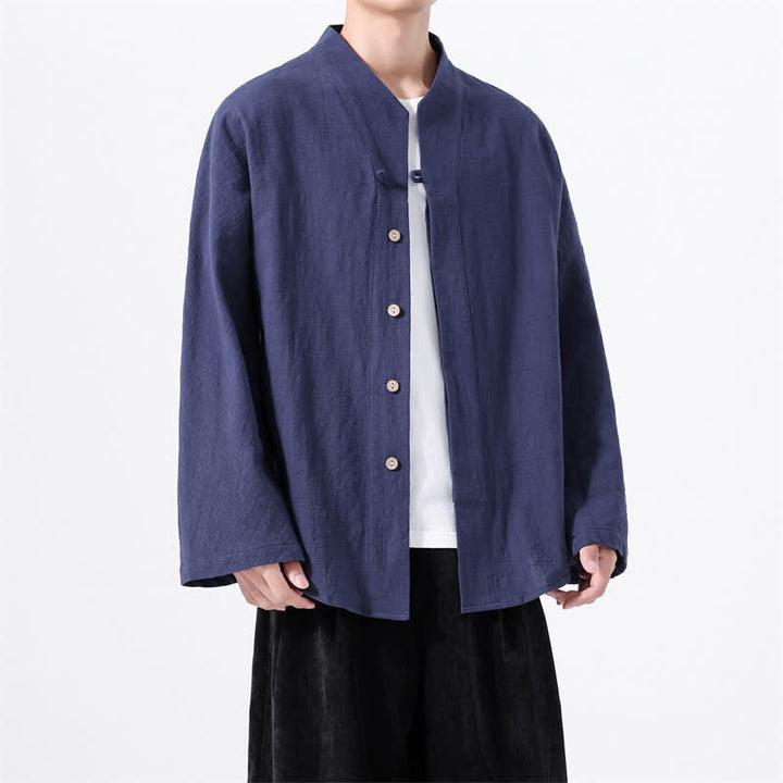 Buddha Stones Fall Minimalist Tang Style Mandarin Collar Solid Cotton Men's Long Sleeve Shirts - Navy - US/UK/AU46，EU56 (5XL) - image 0