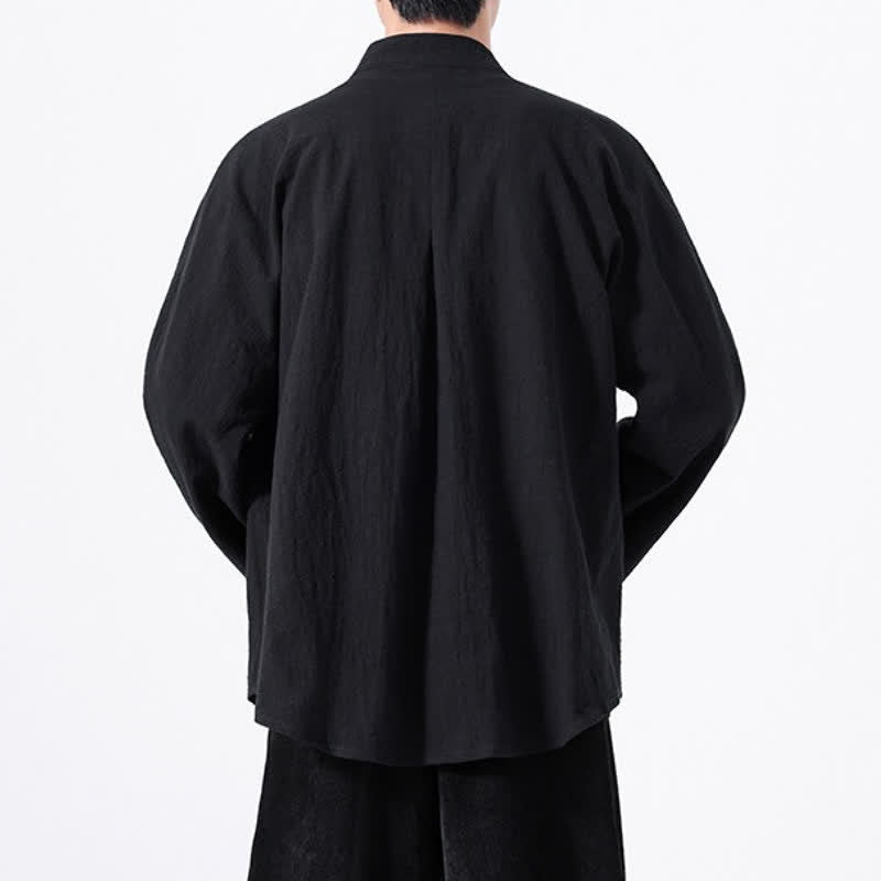 Buddha Stones Fall Minimalist Tang Style Mandarin Collar Solid Cotton Men's Long Sleeve Shirts - image 12