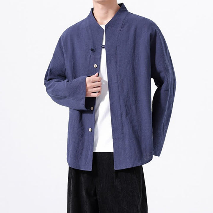 Buddha Stones Fall Minimalist Tang Style Mandarin Collar Solid Cotton Men's Long Sleeve Shirts - image 2