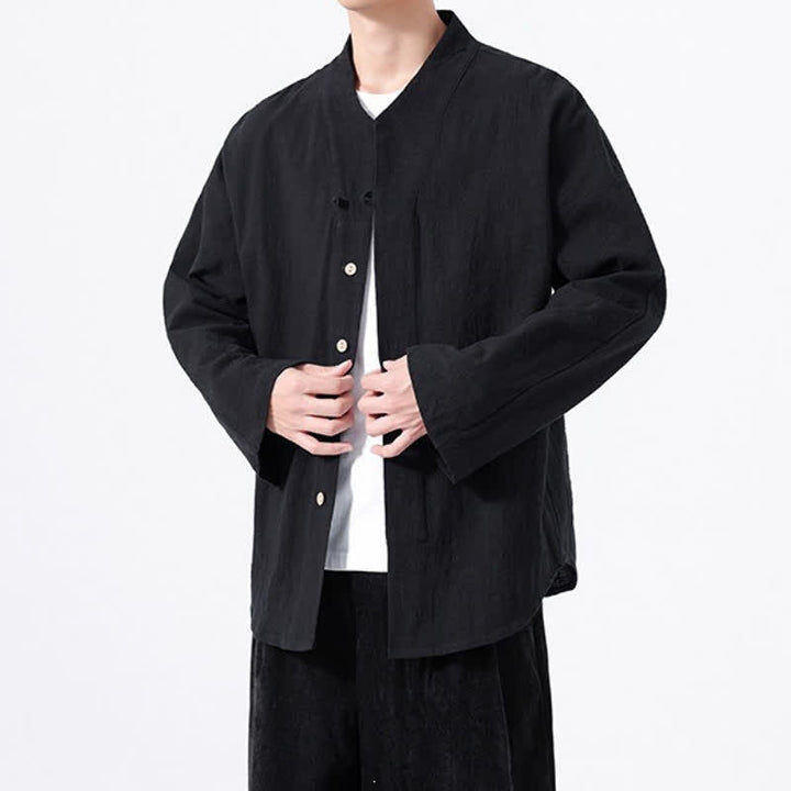 Buddha Stones Fall Minimalist Tang Style Mandarin Collar Solid Cotton Men's Long Sleeve Shirts - image 10