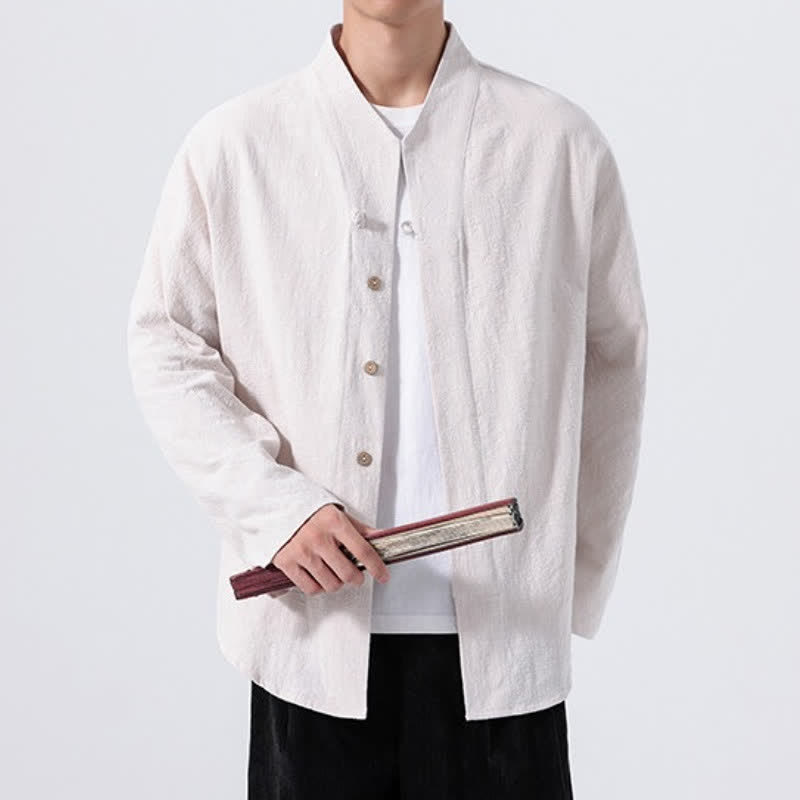 Buddha Stones Fall Minimalist Tang Style Mandarin Collar Solid Cotton Men's Long Sleeve Shirts - image 18