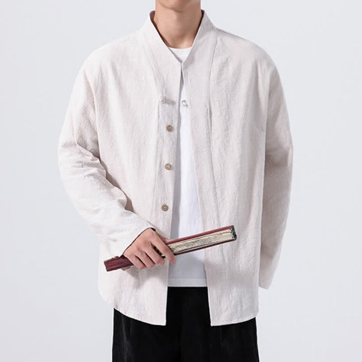 Buddha Stones Fall Minimalist Tang Style Mandarin Collar Solid Cotton Men's Long Sleeve Shirts - image 18