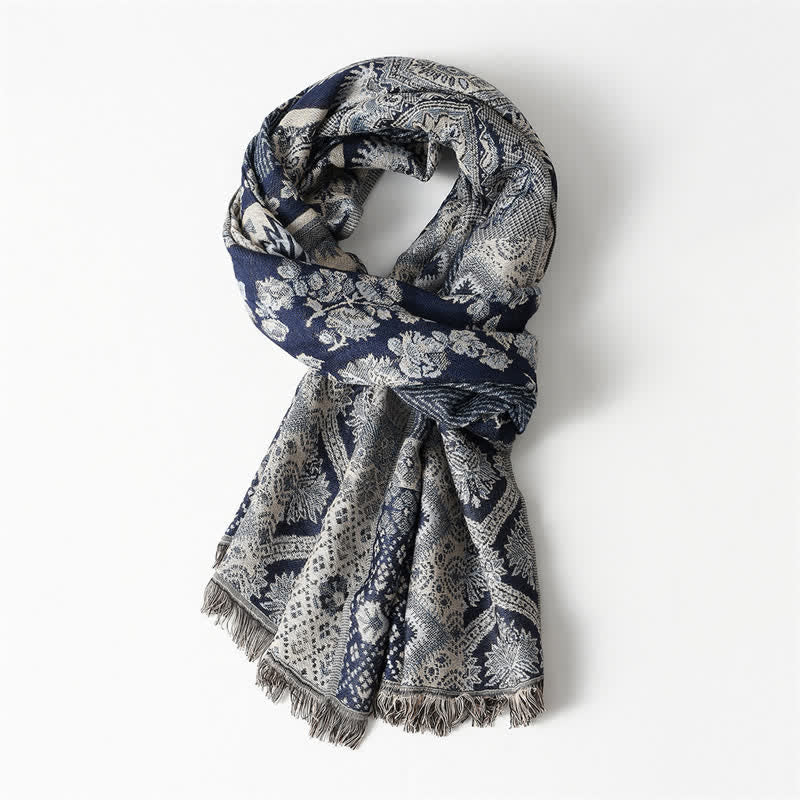 Buddha Stones Fall Winter Reversible Paisley Geometric Tassel Men's Scarf - Navy Approx. 25.6 in × 70.9 in / 65 × 180 cm - image 1