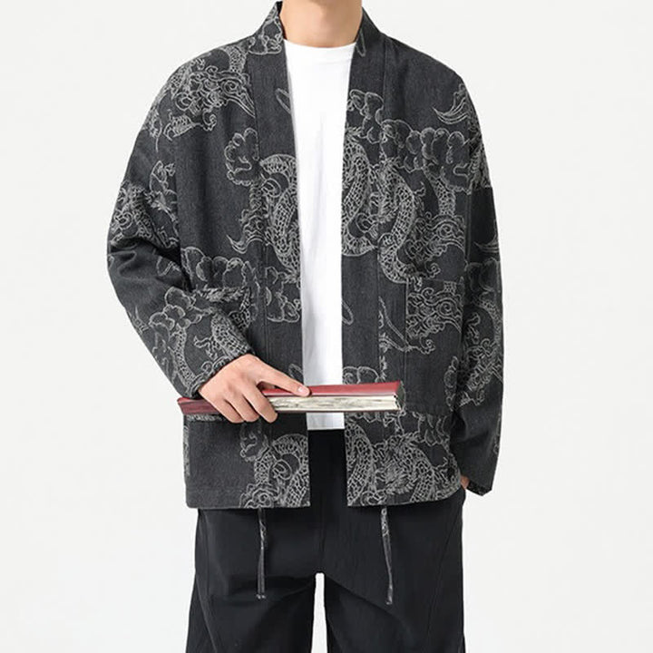 Buddha Stones Spring Vintage Drawstring Dragon Clouds Print Men's Kimono With Pockets - image 9