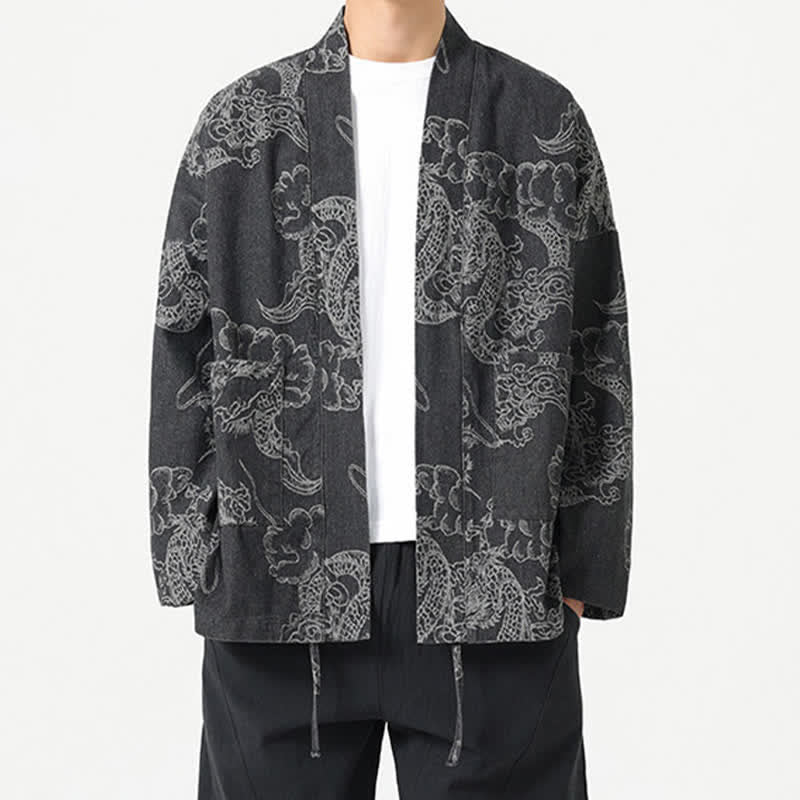 Buddha Stones Spring Vintage Drawstring Dragon Clouds Print Men's Kimono With Pockets - image 14