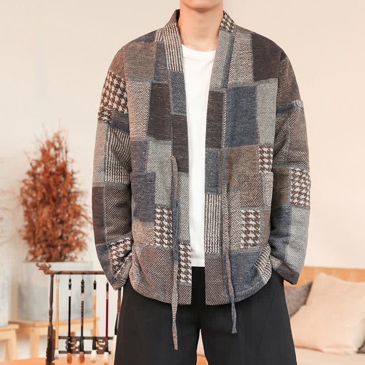 Buddha Stones Fall Winter Casual Vintage Drawstring Plaid Patchwork Men's Kimono With Pockets - image 1