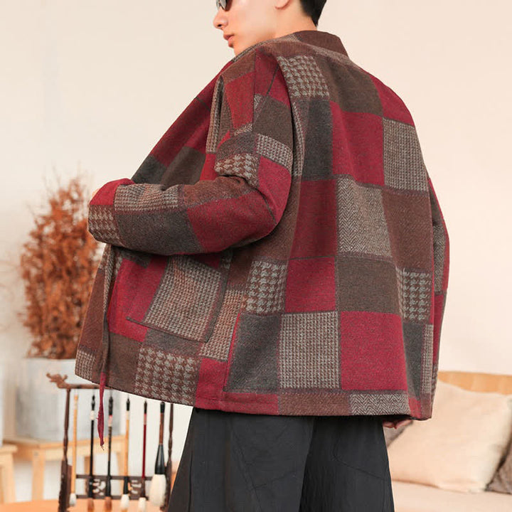 Buddha Stones Fall Winter Casual Vintage Drawstring Plaid Patchwork Men's Kimono With Pockets - image 24