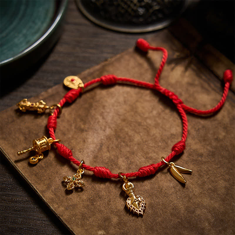 Buddha Stones Handmade Seven-Knot Red String Om Mani Padme Hum Prayer Wheel Vajra Bamboo Leaf Zakiram Luck Bracelet - image 1