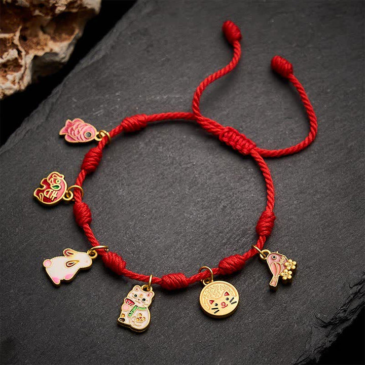 Buddha Stones Handmade Seven-Knot Red String Koi Fish Elephant Rabbit Cat Purple Magpie Luck Bracelet - image 2