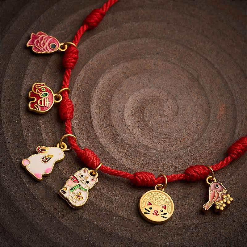 Buddha Stones Handmade Seven-Knot Red String Koi Fish Elephant Rabbit Cat Purple Magpie Luck Bracelet - image 10