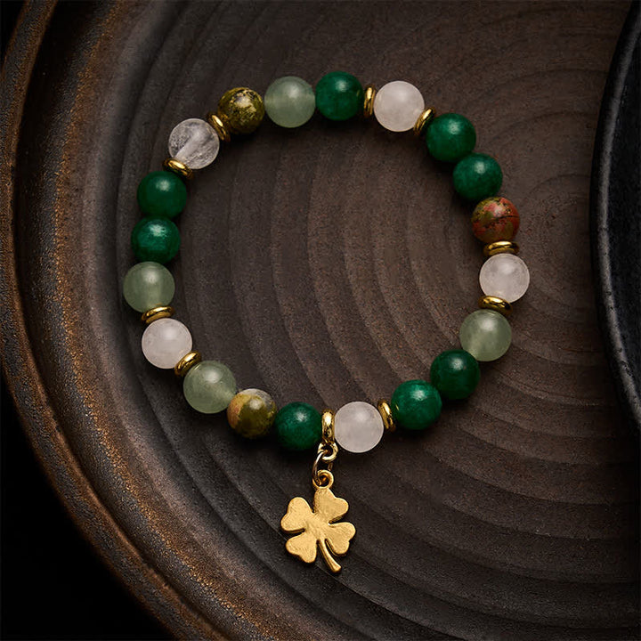 Buddha Stones Green Aventurine Four-leaf Clover Luck Round Beaded Bracelet - image 1