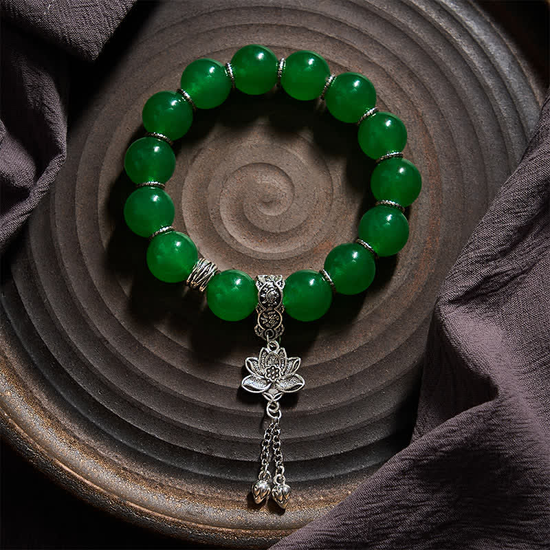 Buddha Stones Natural Green Quartzite Jade Beads Lotus Charm Protection Bracelet - image 1