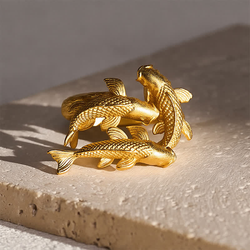 Buddha Stones Retro Alloy Three Koi Fish Wealth Open Ring - image 1