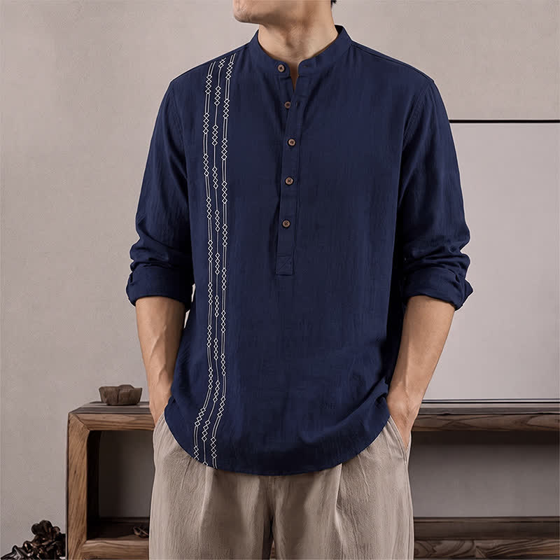 Buddha Stones Spring Summer Casual Tang Style Geometric Cotton Men's Long Sleeve Shirts - MidnightBlue - US/UK/AU40, EU50 (2XL) - image 0