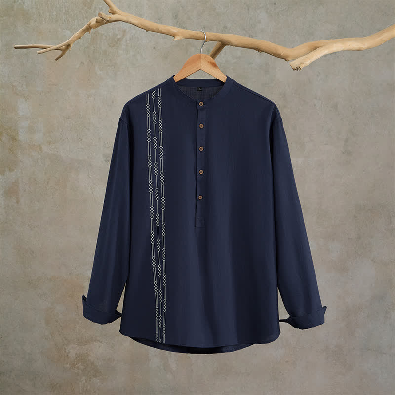 Buddha Stones Spring Summer Casual Tang Style Geometric Cotton Men's Long Sleeve Shirts - image 1