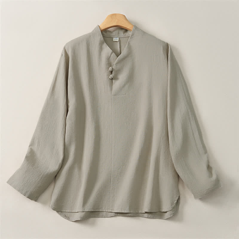 Buddha Stones Spring Fall Casual Tang Style Mandarin Collar Solid Cotton Women's Long Sleeve Shirts - Beige - US16，UK/AU20，EU48 (5XL) - image 8