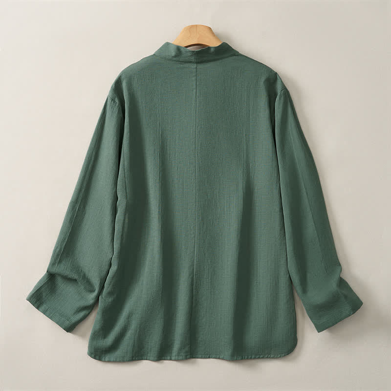 Buddha Stones Spring Fall Casual Tang Style Mandarin Collar Solid Cotton Women's Long Sleeve Shirts - image 1
