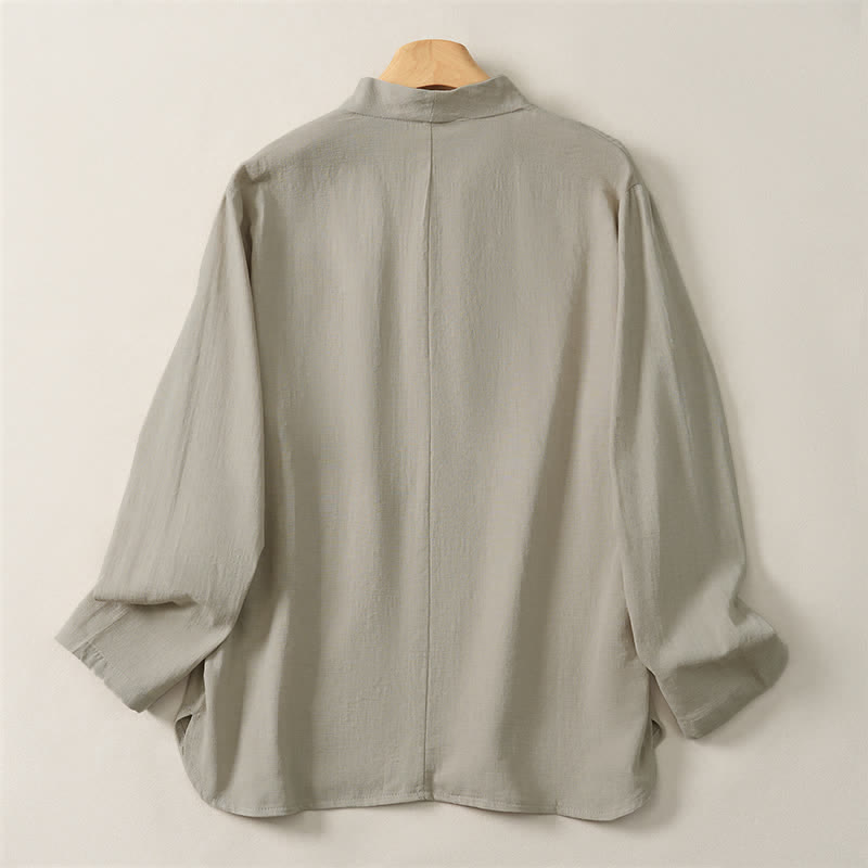 Buddha Stones Spring Fall Casual Tang Style Mandarin Collar Solid Cotton Men's Long Sleeve Shirts - image 9