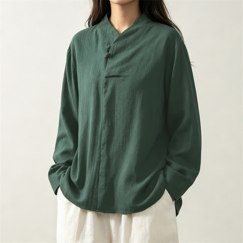Buddha Stones Spring Fall Casual Tang Style Mandarin Collar Solid Cotton Women's Long Sleeve Shirts - image 2