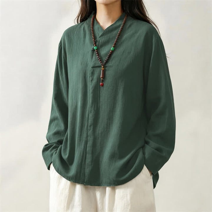 Buddha Stones Spring Fall Casual Tang Style Mandarin Collar Solid Cotton Women's Long Sleeve Shirts - image 3