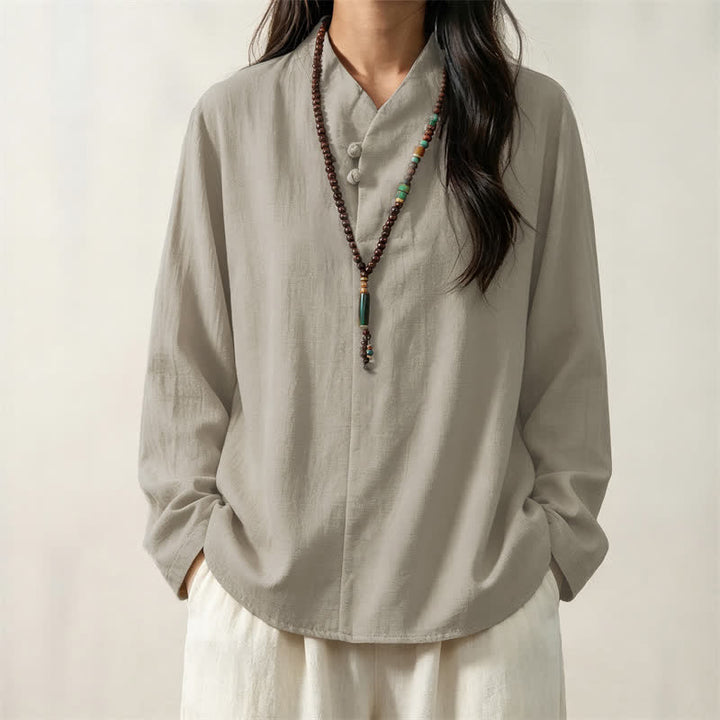 Buddha Stones Spring Fall Casual Tang Style Mandarin Collar Solid Cotton Women's Long Sleeve Shirts - image 11