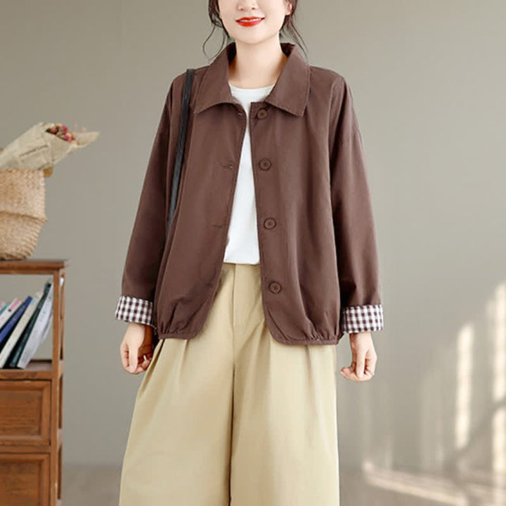 Buddha Stones Fall Casual Vintage Button-Up Solid Checkered Pattern Women's Jacket With Pockets - image 6