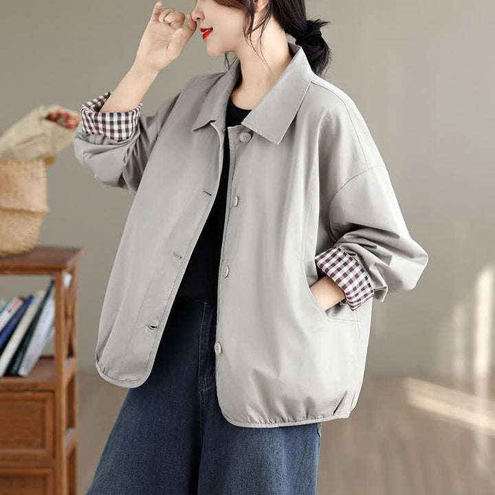 Buddha Stones Fall Casual Vintage Button-Up Solid Checkered Pattern Women's Jacket With Pockets - image 27