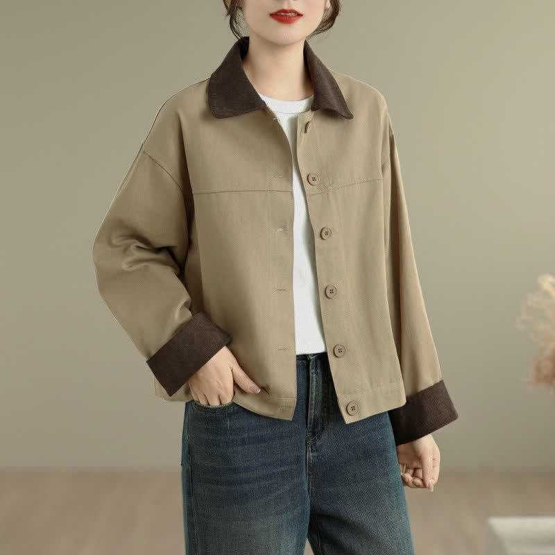 Buddha Stones Fall Casual Vintage Contrast Trim Design Button-Up Solid Women's Jacket - Tan - US8-10, UK/AU12-14, EU40-42 (2XL) - image 6