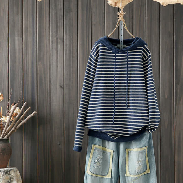 Buddha Stones Fall Winter Casual Classic Drawstring Striped Cotton Women's Hoodie - Navy - US4-6, UK/AU8-10, EU36-38 (F) - image 0