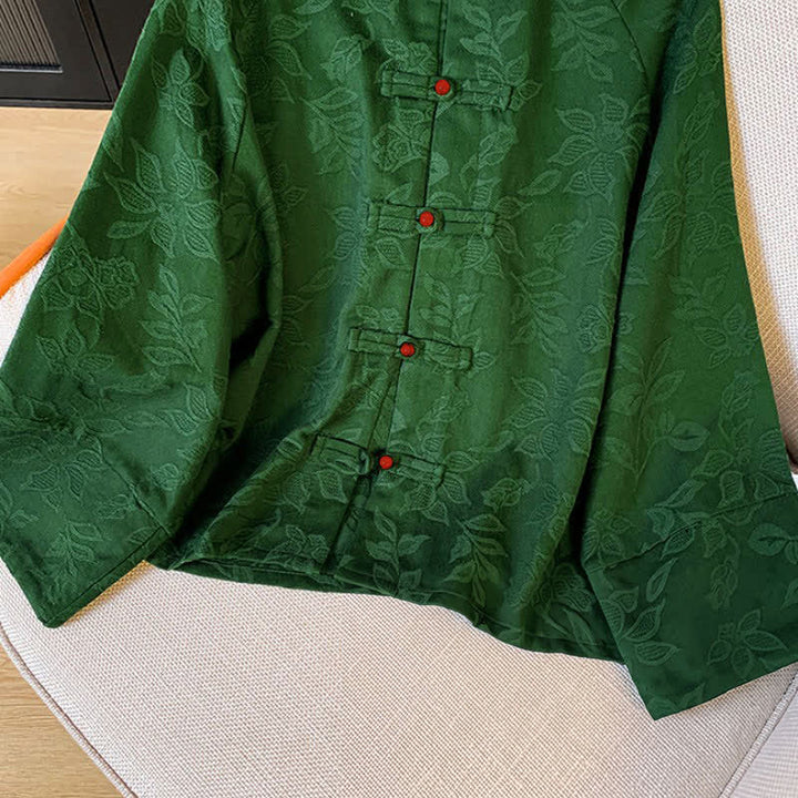 Buddha Stones Fall Vintage Tang Style Frog Button Floral Leaves Cotton Cropped Women's Long Sleeve Shirts - image 7