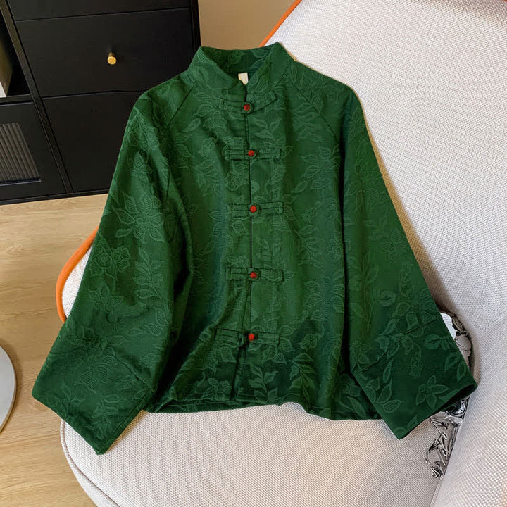 Buddha Stones Fall Vintage Tang Style Frog Button Floral Leaves Cotton Cropped Women's Long Sleeve Shirts - ForestGreen - US12, UK/AU16, EU44 (2XL) - image 0