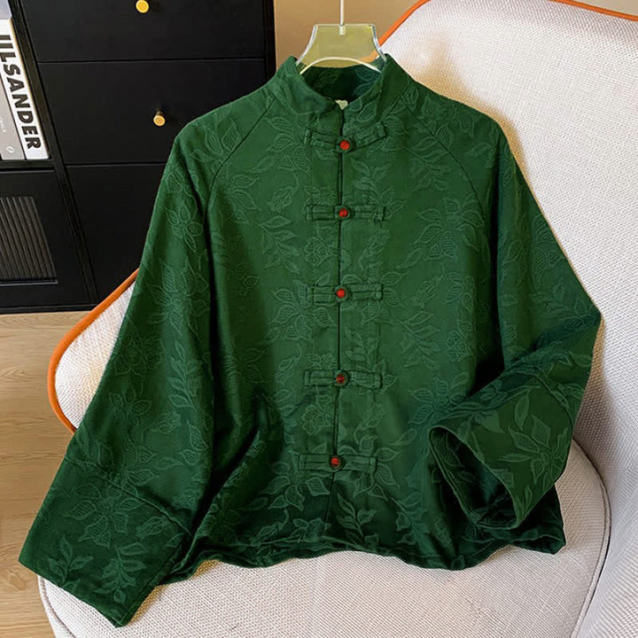 Buddha Stones Fall Vintage Tang Style Frog Button Floral Leaves Cotton Cropped Women's Long Sleeve Shirts - image 2