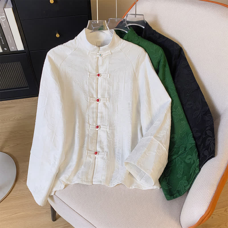 Buddha Stones Fall Vintage Tang Style Frog Button Floral Leaves Cotton Cropped Women's Long Sleeve Shirts - image 18