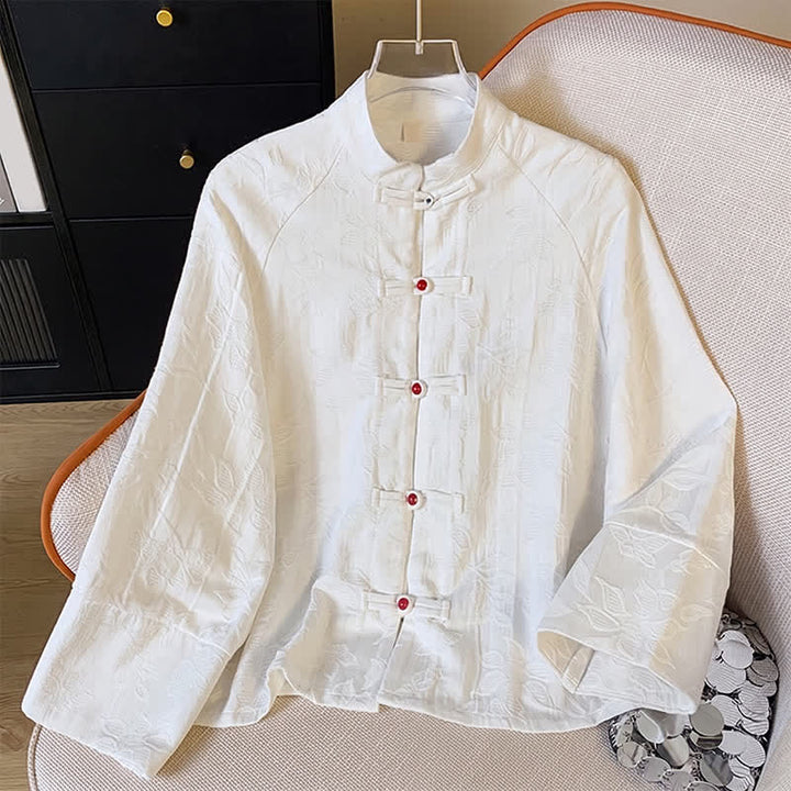 Buddha Stones Fall Vintage Tang Style Frog Button Floral Leaves Cotton Cropped Women's Long Sleeve Shirts - White - US12, UK/AU16, EU44 (2XL) - image 14