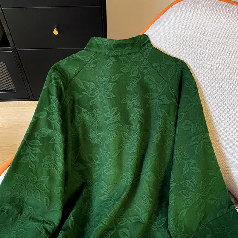 Buddha Stones Fall Vintage Tang Style Frog Button Floral Leaves Cotton Cropped Women's Long Sleeve Shirts - image 4