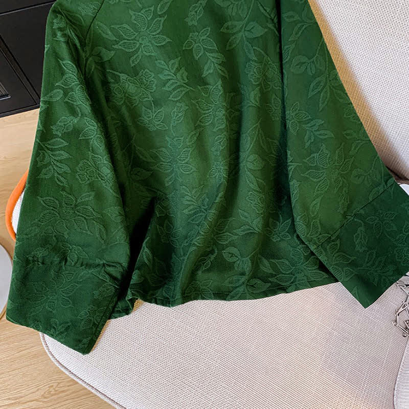 Buddha Stones Fall Vintage Tang Style Frog Button Floral Leaves Cotton Cropped Women's Long Sleeve Shirts - image 8