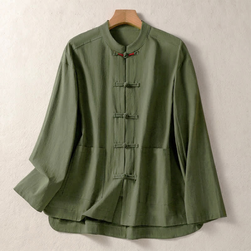 Buddha Stones Fall Vintage Tang Style Frog Button Mandarin Collar Solid Women's Long Sleeve Shirts With Pockets - DarkOliveGreen - US8-10, UK/AU12-14, EU40-42 (2XL) - image 0