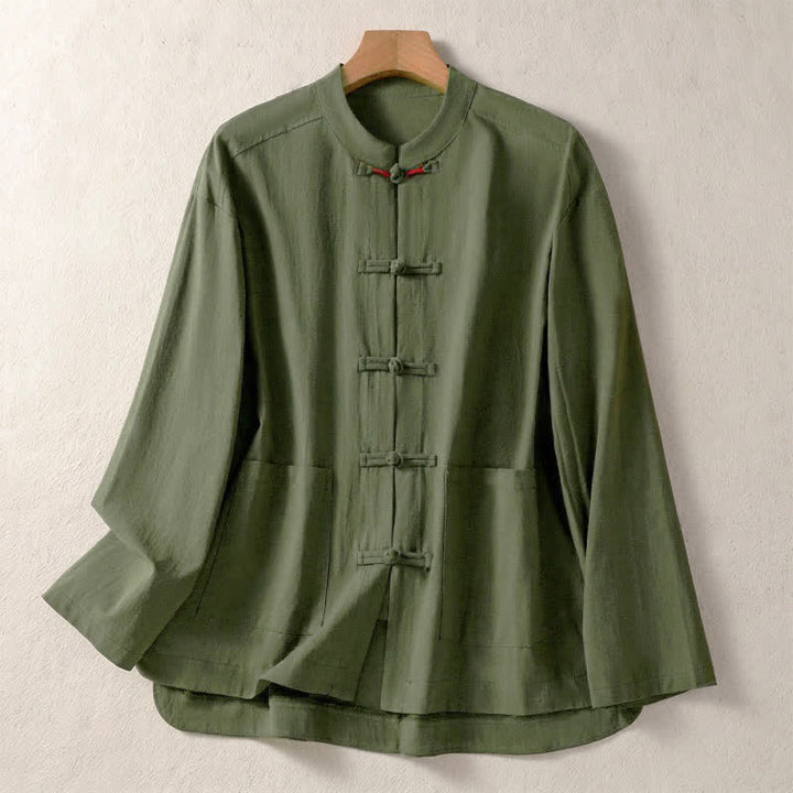 Buddha Stones Fall Vintage Tang Style Frog Button Mandarin Collar Solid Women's Long Sleeve Shirts With Pockets - DarkOliveGreen - US8-10, UK/AU12-14, EU40-42 (2XL) - image 0