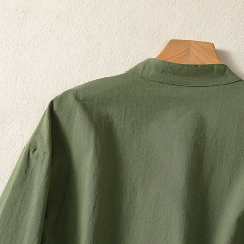 Buddha Stones Fall Vintage Tang Style Frog Button Mandarin Collar Solid Women's Long Sleeve Shirts With Pockets - image 3