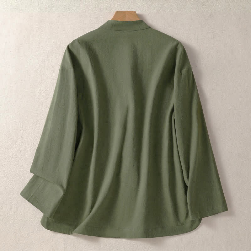 Buddha Stones Fall Vintage Tang Style Frog Button Mandarin Collar Solid Women's Long Sleeve Shirts With Pockets - image 1