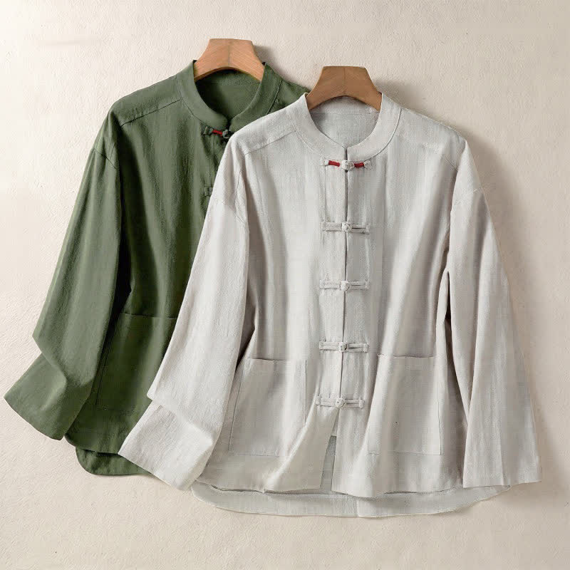 Buddha Stones Fall Vintage Tang Style Frog Button Mandarin Collar Solid Women's Long Sleeve Shirts With Pockets - image 14
