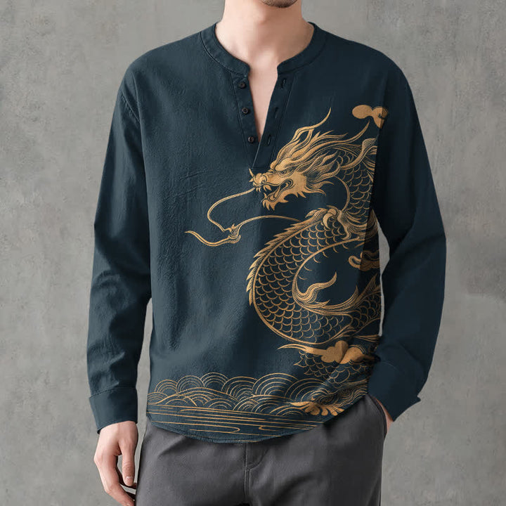 Buddha Stones Cotton Golden Dragon Wave Pattern V-Neck Buttons Men's Long Sleeve Shirts - Navy - US/UK/AU48，EU58 (4XL) - image 14